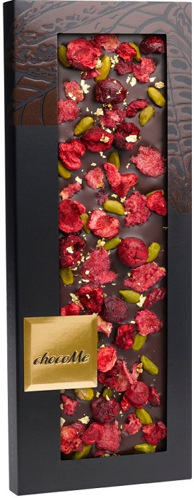 V105 Шоколад ChocoMe со съедобным золотом, кусочками вишни, фисташками Бронте, лепестками розы 110гр