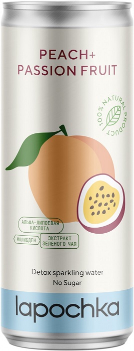Лимонад Лапочка Персик, Маракуйя (Lapochka Peach, Passion Fruit) газированный 0,33л в жестяной банке